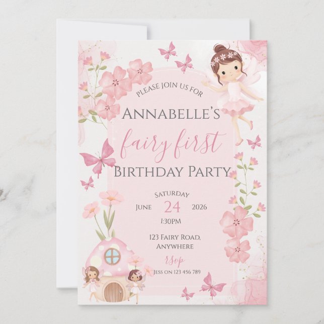 Invitación de cumpleaños primera hadita rosa (Anverso)