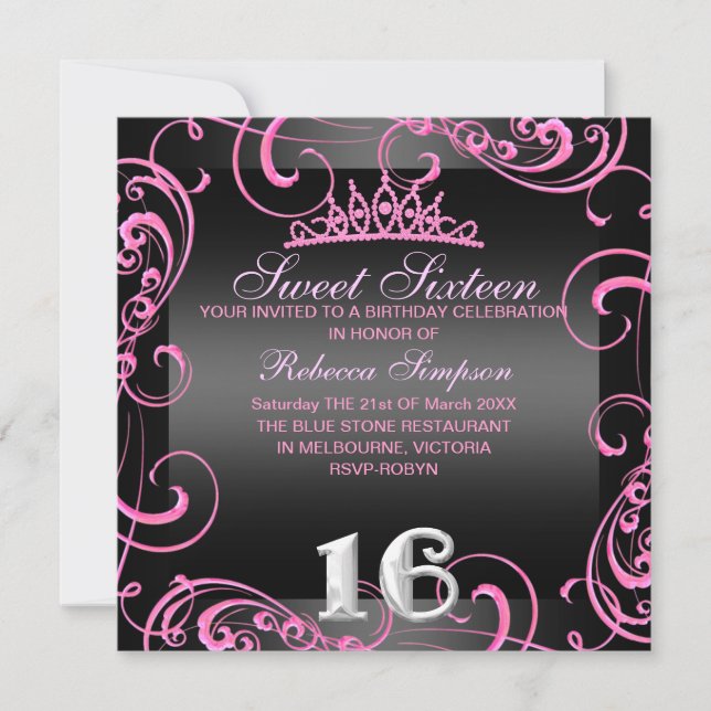 Invitación de cumpleaños Princesa Dulce 16 Rosa Ca (Anverso)