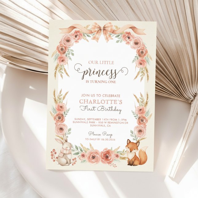 Invitación de cumpleaños princesa floral rosado (1st Birthday Invitation)