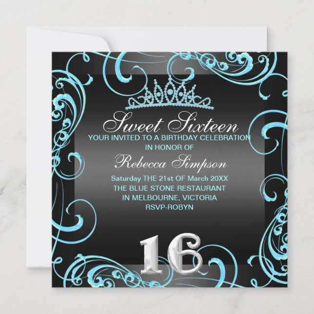 Invitación de cumpleaños Princess Sweet 16 azul y  (Anverso)
