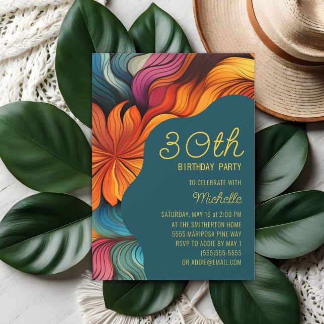 Invitación de cumpleaños psicodélica retro naranja (Orange and teal retro, psychedelic curves 30th birthday party invitation)