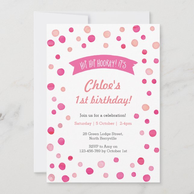 Invitación de cumpleaños | Puntos de confeti rosad (Anverso)