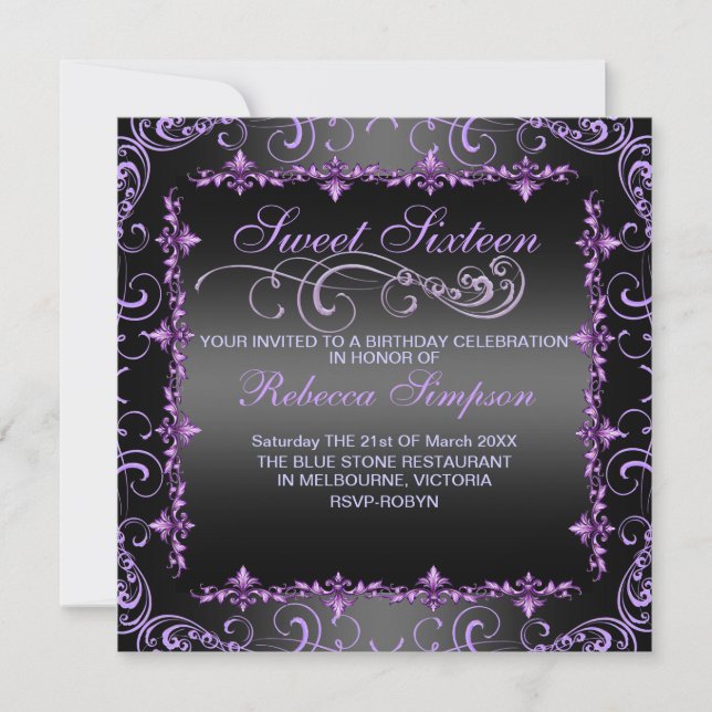 Invitación de cumpleaños Purple/Black Sweet Sixtee (Anverso)