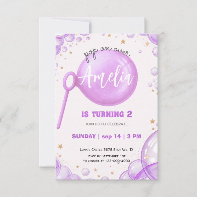 Invitación de cumpleaños Purple Bubble Pop On Over (Anverso)