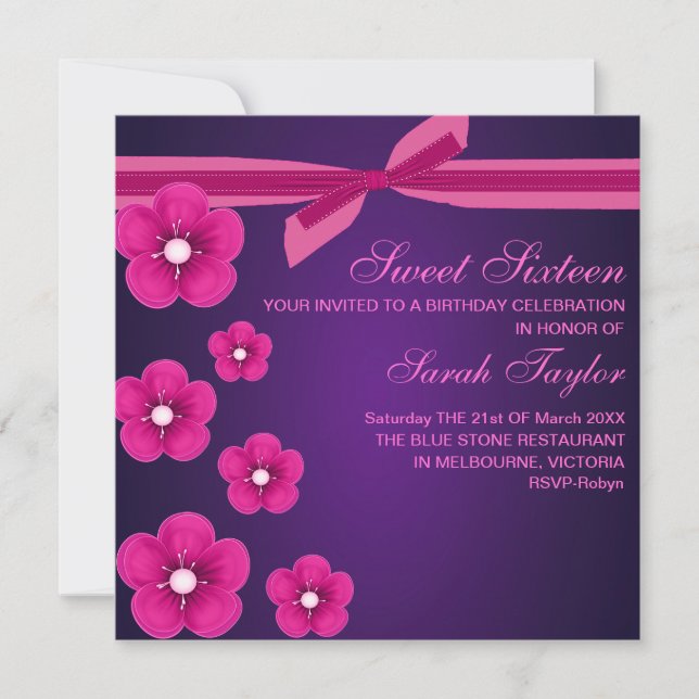 Invitación de cumpleaños púrpura Bow/Flower Sweet  (Anverso)