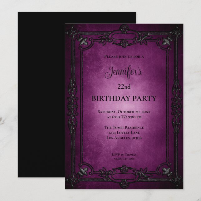 Invitación de cumpleaños púrpura oscuro gótico (Anverso / Reverso)