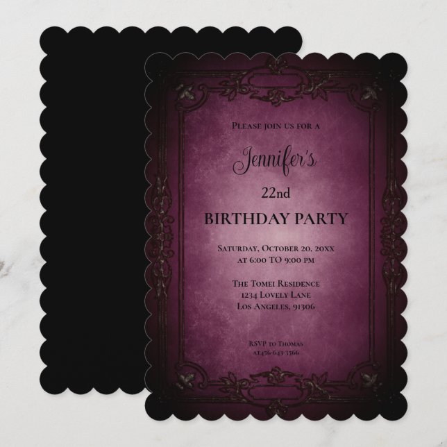 Invitación de cumpleaños púrpura oscuro gótico (Anverso / Reverso)