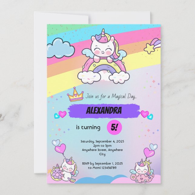 invitación de cumpleaños púrpura rosa unicornio (Anverso)
