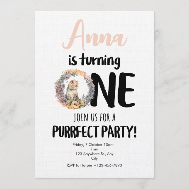 Invitación de cumpleaños purrfecta para gatos (Anverso)