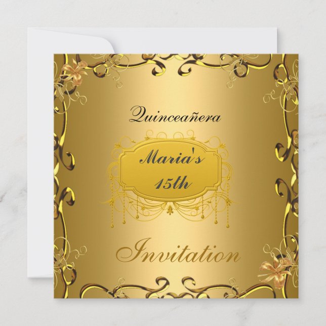 Invitación de cumpleaños Quinceañera 15 dorada (Anverso)
