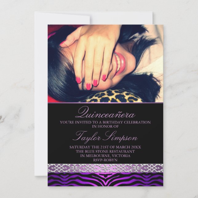 Invitación de cumpleaños Quinceañera con estampado (Anverso)