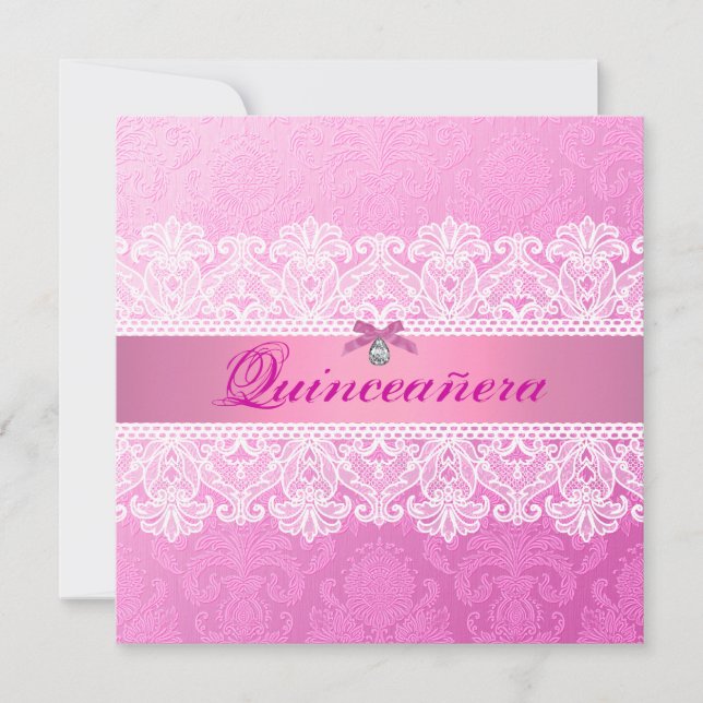 Invitación de cumpleaños Quinceañera Damask Rosa (Anverso)