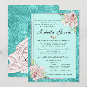 Invitación de cumpleaños Quinceañera floral azul t