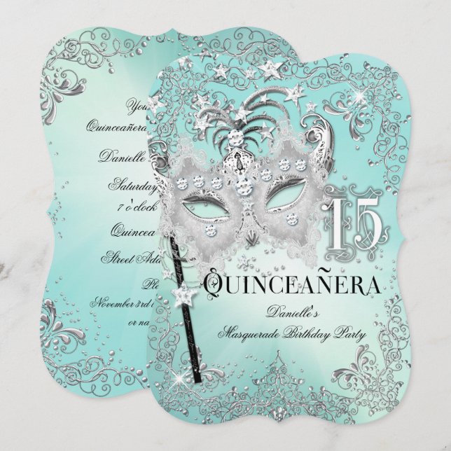 Invitación de Cumpleaños Quinceañera Plateada Verd (Anverso / Reverso)