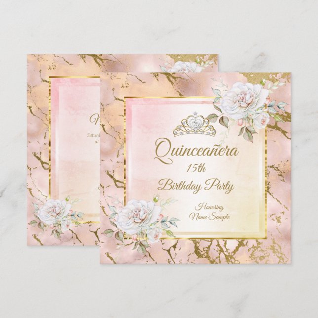 Invitación de cumpleaños Quinceañera Rosa Dorado 2 (Anverso / Reverso)