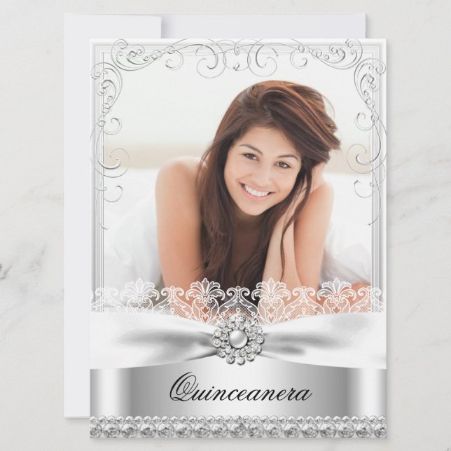 Invitación de cumpleaños Quinceañera Silver Bow &  (Anverso)