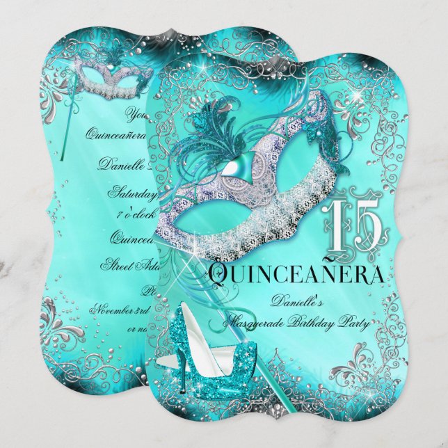 Invitación de cumpleaños Quinceañera Teal Silver M (Anverso / Reverso)