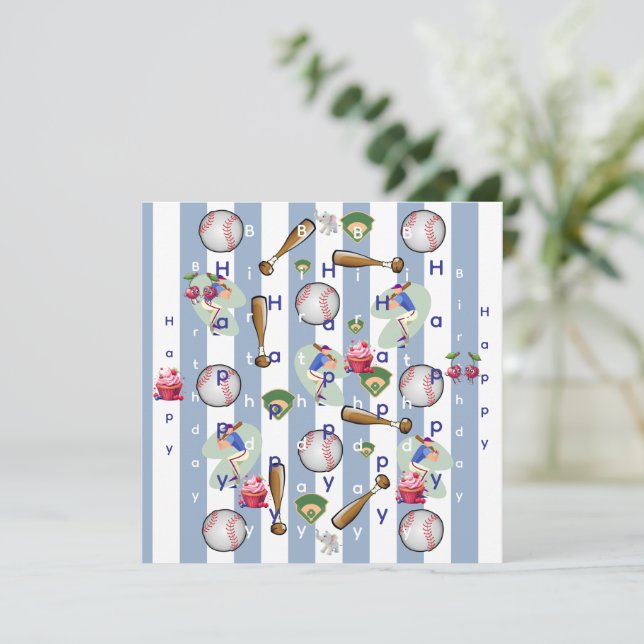 Invitación de cumpleaños raya azul béisbol (Anverso de pie)