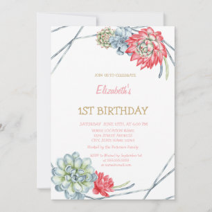 Invitación de cumpleaños rayada de suculentas roja