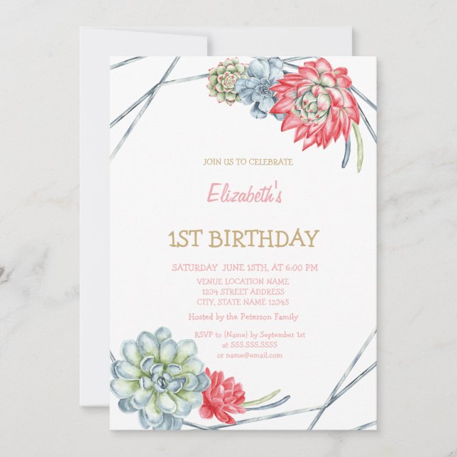 Invitación de cumpleaños rayada de suculentas roja (Anverso)