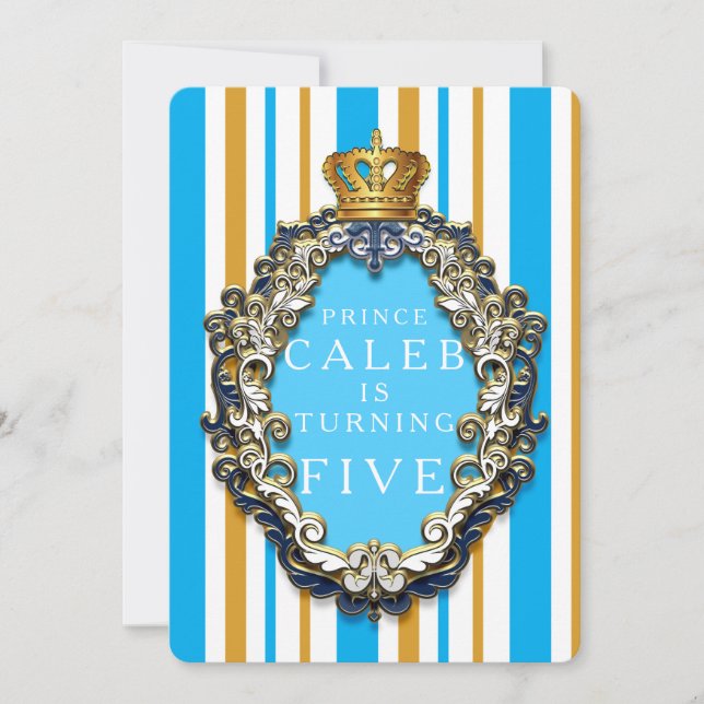 Invitación de cumpleaños Real Oro y Corona Azul (Anverso)
