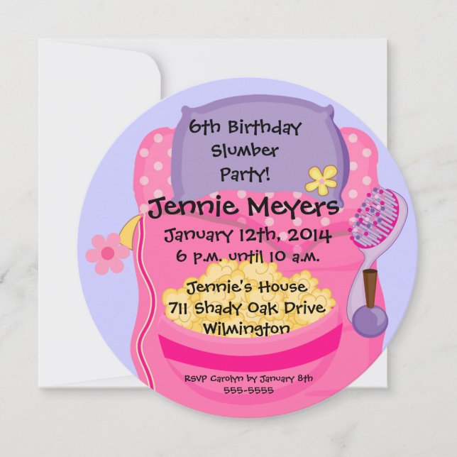 Invitación de cumpleaños redonda a Fiesta de sueño (Anverso)