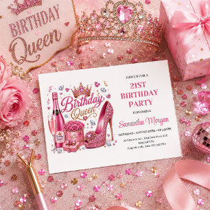 Invitación de cumpleaños Reina de moda con brillo 