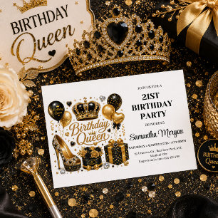 Invitación de cumpleaños Reina de oro negro con br