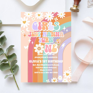 Invitación de cumpleaños Retro Arcoíris Daisy