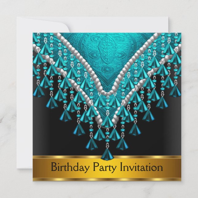Invitación de cumpleaños retro Art Deco teal (Anverso)