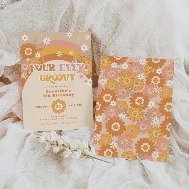 Invitación de cumpleaños retro cuatro veces groovy (Subido por el creador)