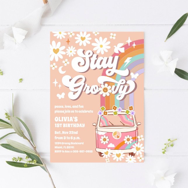 Invitación de cumpleaños retro Daisy Groovy (Subido por el creador)