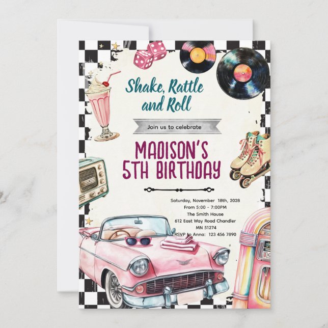 invitación de cumpleaños retro de los 50 (Anverso)