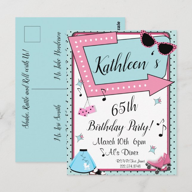 Invitación de cumpleaños retro de los 50 para cual (Anverso / Reverso)