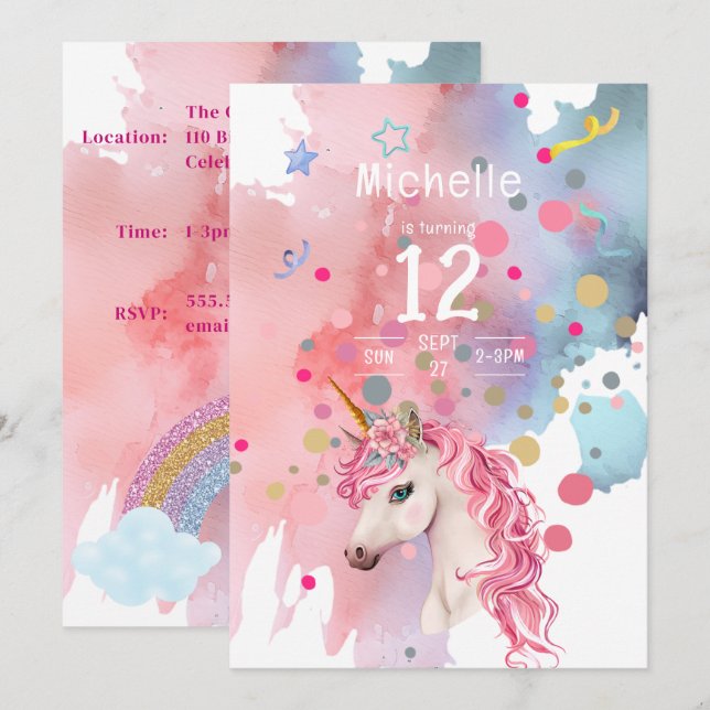 Invitación de cumpleaños retro de unicornio (Anverso / Reverso)