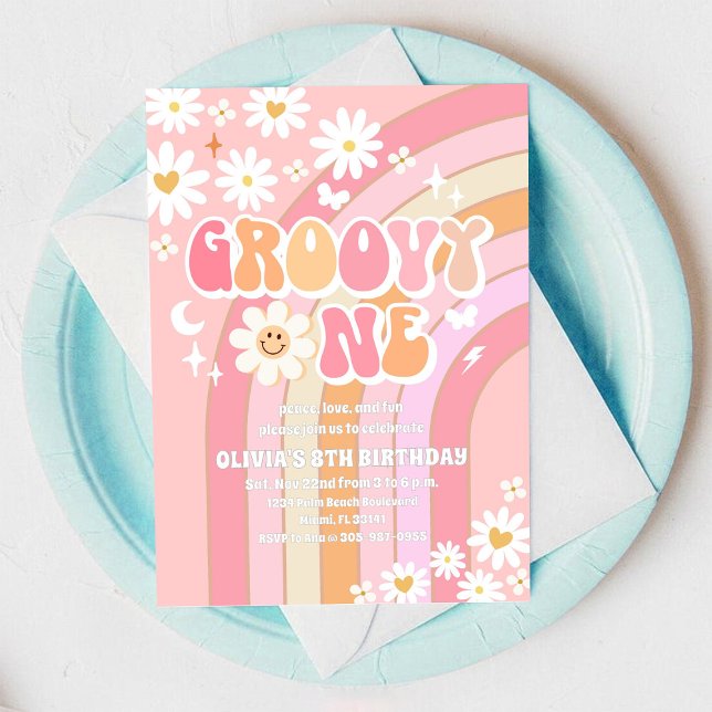 Invitación de cumpleaños retro Groovy Daisy (Subido por el creador)