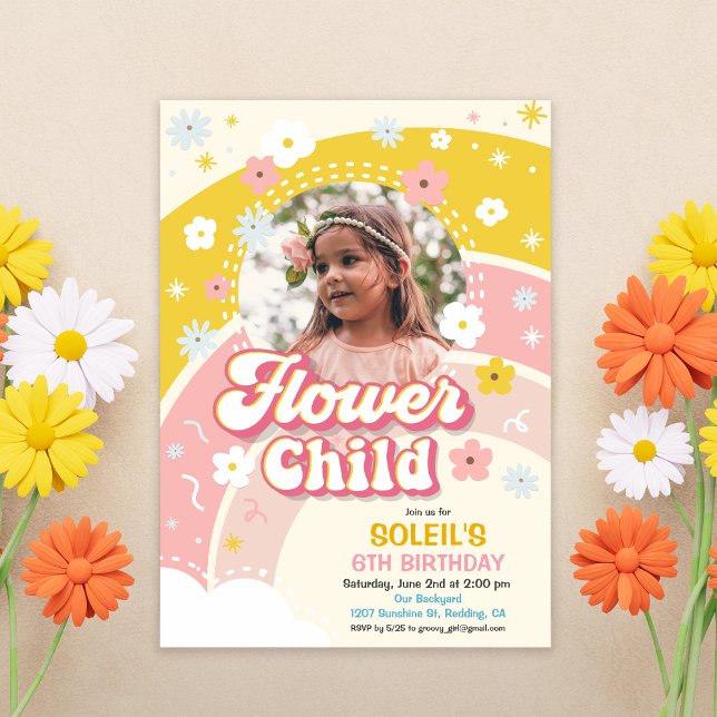 Invitación de cumpleaños retro groovy Flower Child (Subido por el creador)