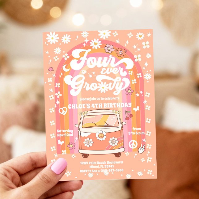 Invitación de cumpleaños retro Groovy para el 4º a (Subido por el creador)