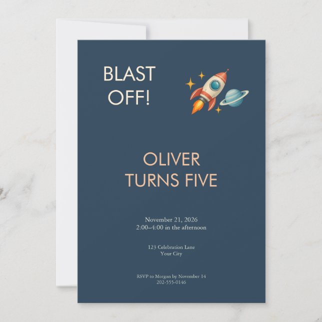Invitación de cumpleaños Retro Rocket Space (Anverso)