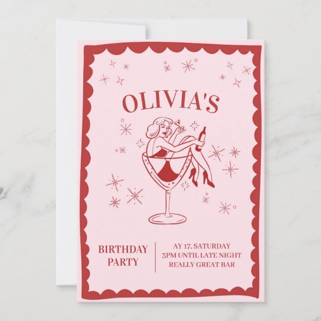 Invitación de cumpleaños Retro Rosa Moderno Femeni (Anverso)