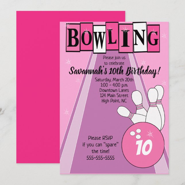 Invitación de cumpleaños retro rosa para bolos par (Anverso / Reverso)