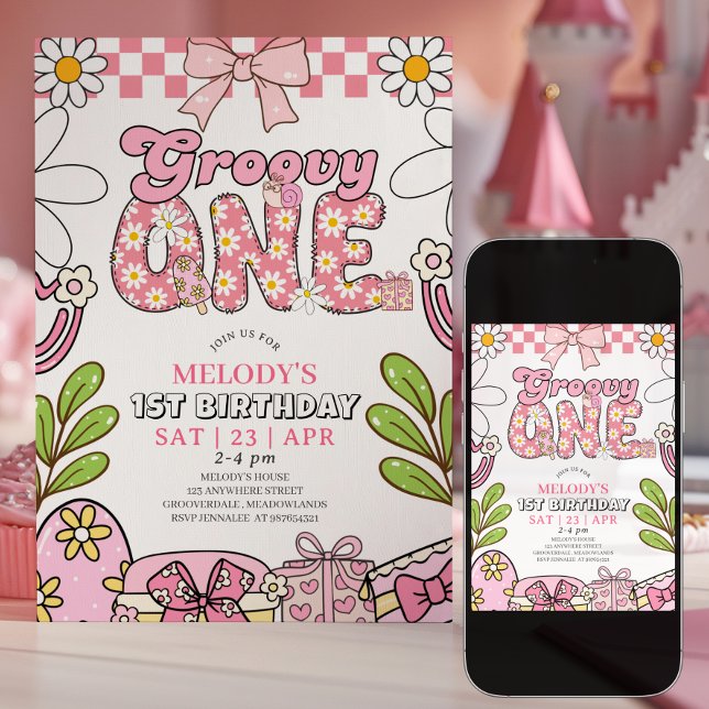 Invitación de cumpleaños retro rosa para el 1er cu (Subido por el creador)