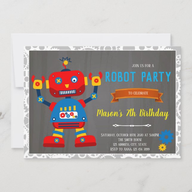 invitación de cumpleaños robot (Anverso)