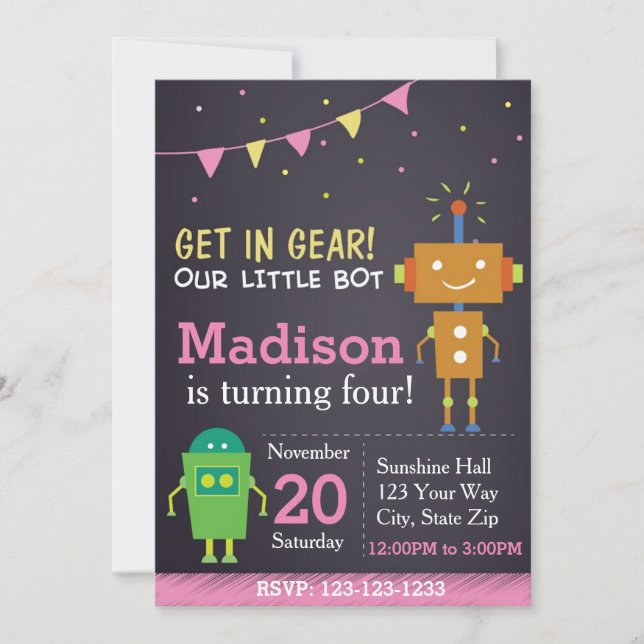 Invitación de cumpleaños Robot (chica) (Anverso)
