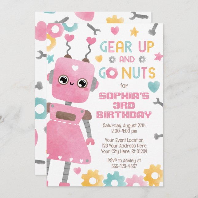 Invitación de cumpleaños Robot, Chica Robot (Anverso / Reverso)