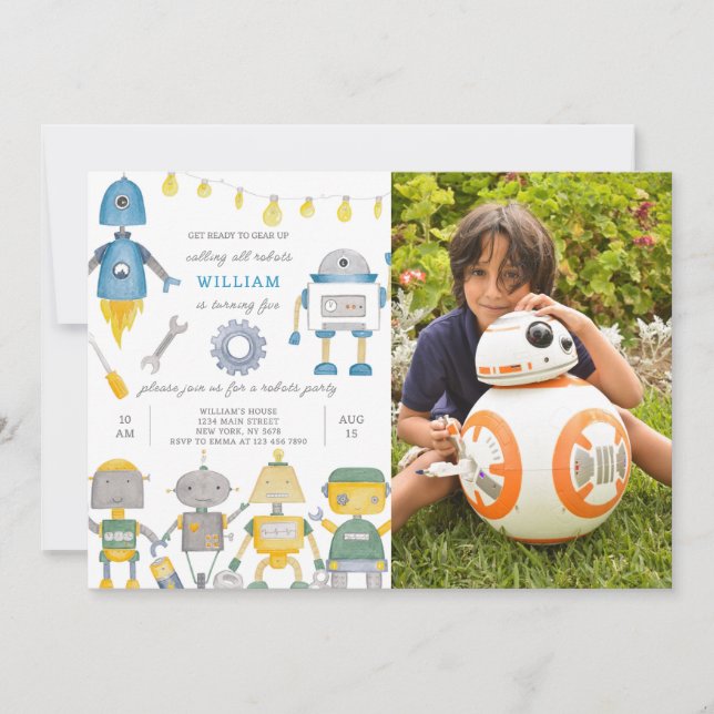 Invitación de cumpleaños Robot con foto (Anverso)