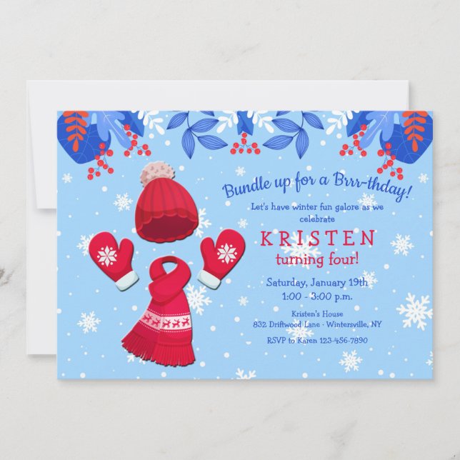 Invitación de cumpleaños roja de invierno mágico (Anverso)