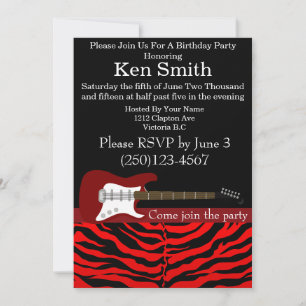 Invitación de cumpleaños rojo de guitarra eléctric