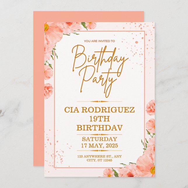 invitación de cumpleaños rosa (Anverso / Reverso)