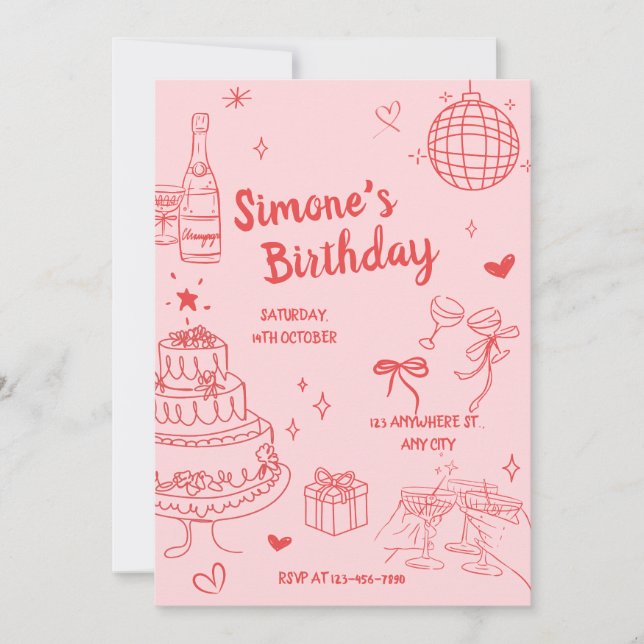 Invitación de cumpleaños rosa (Anverso)